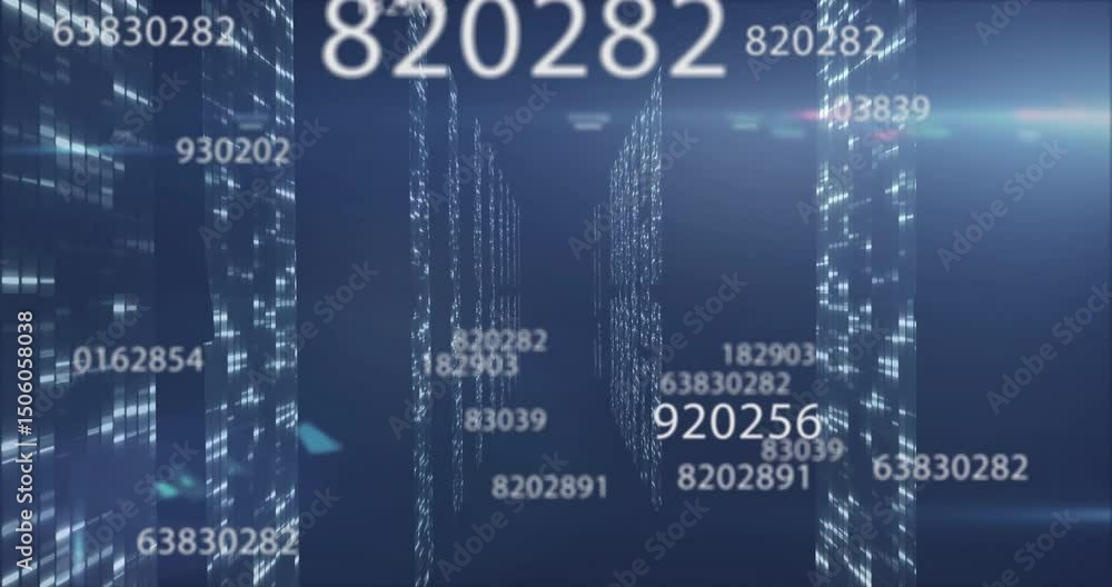 Poster opening on 3d data corridor, camera moving forward while floating numbers pulsing to show data flow