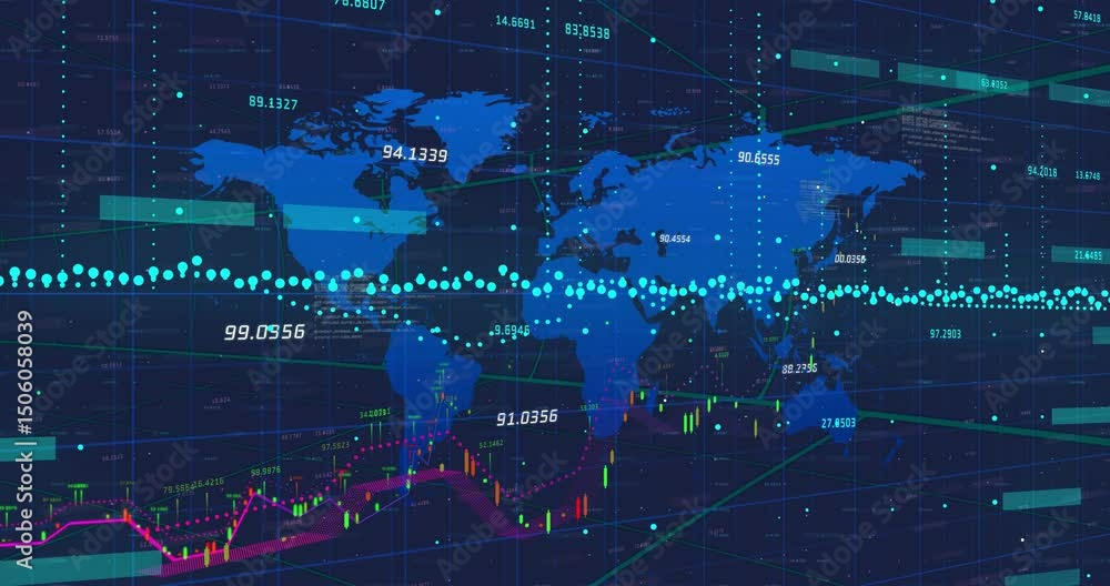 Aufkleber receiving data, map sliding candlestick bars tracing trend line updating labels showing growth