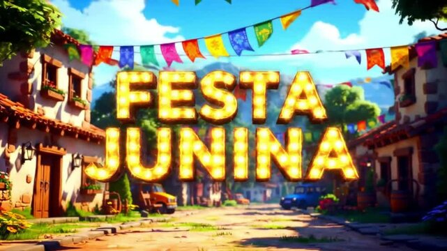 Poster de Festa Junina com Letreiro Iluminado em Vila Colorida
