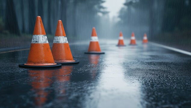Wet road cones in a misty forest