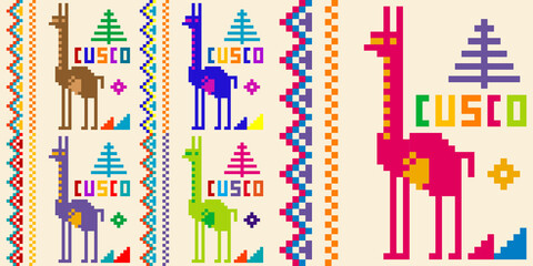 Colorful peruvian background with llama and Cusco in embroidery style