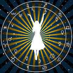 Astrologic zodiac horoscope background with silhouette of woman