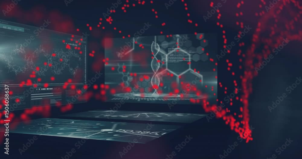 Poster red particles drifting left starting panels fading with dna helix projecting streaming into network