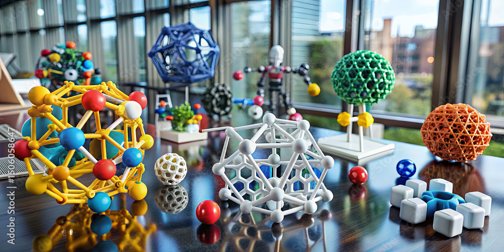Poster colorful models representing various molecular structures are arranged on a polished wooden table in
