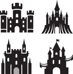 Fantasy Magic Castle silhouette set vector  isolated On Transparent Background