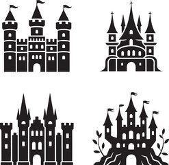 Obraz premium Fantasy Magic Castle silhouette set vector isolated On Transparent Background
