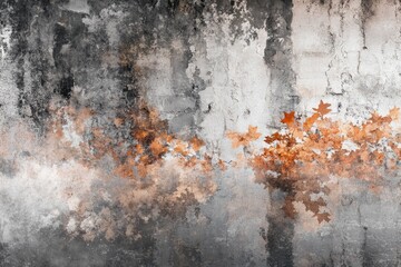 Fototapeta premium An old weathered concrete wall, adorned with patches of orange, resembling leaves, creates a textured and artistic background.