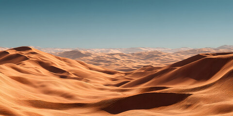 Naklejka premium Endless Dunes: Golden sandscapes stretch under a clear sky, waves in the desert.