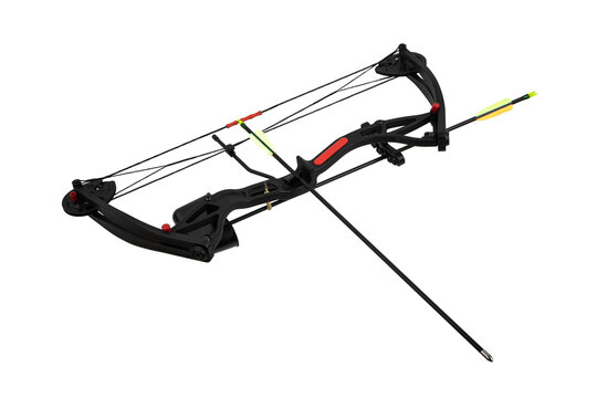 Black compound bow with arrow loaded, isolated on white back