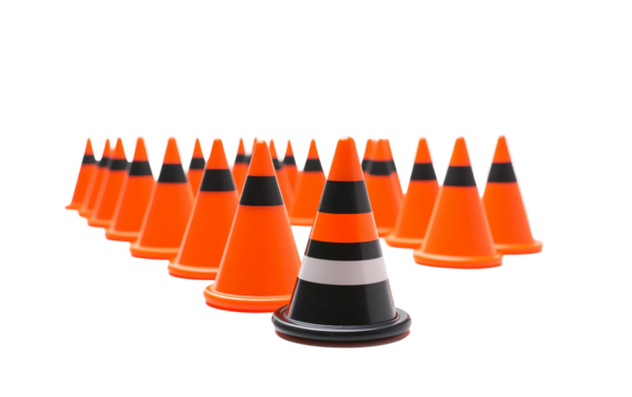 Training cones set up on field in zigzag pattern to enhance player footwork skills Isolated on Transparent Background PNG