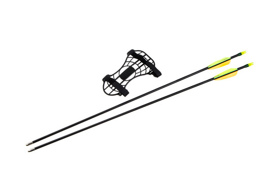 Two archery arrows with bright fletching and a black armguard on white back