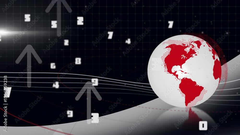 Poster opening dark grid with waves arrows growing upward while globe rotating revealing digit streams