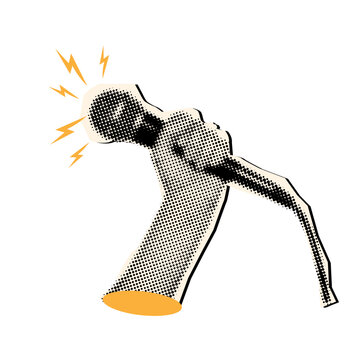 Trendy halftone collage hand holding microphone,contemporary collage cut out elements