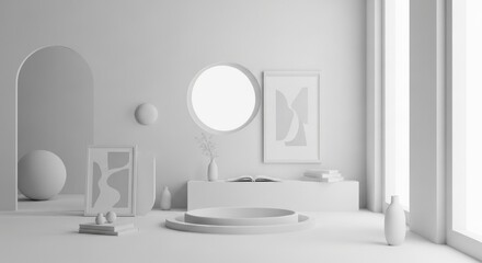 Abstract Minimal Interior in White Monochrome Colors Representing Contemporary Design with Copy Space