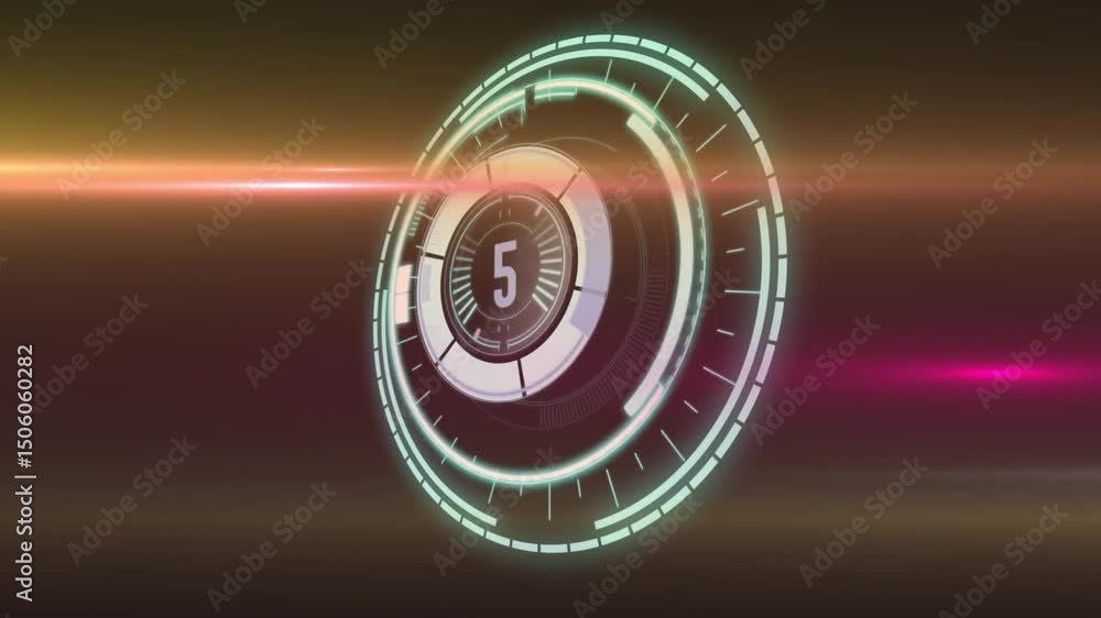 Poster on playback start, digital timer counting down ten, rings rotating and beam sweeping marking launch