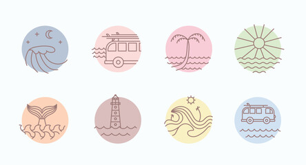 Line surfing art minimalist simple badge. Tropical ocean, sea vector illustrations set about vacation, hotel, island life