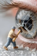 Tiny Figurine Hammering Cracked Eyeball from Inside &mdash; Surreal Macro Scene

