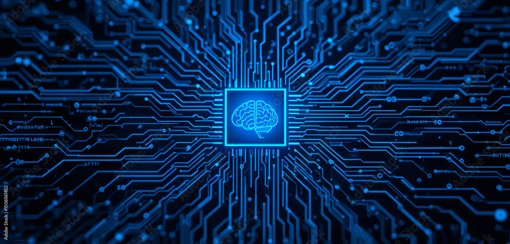 Poster a vibrant blue circuitry pattern forms a robust connection with a digital brain symbol at the center