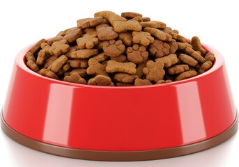 A red bowl filled to the brim with brown dog food shaped like bones and paw prints on a white background
