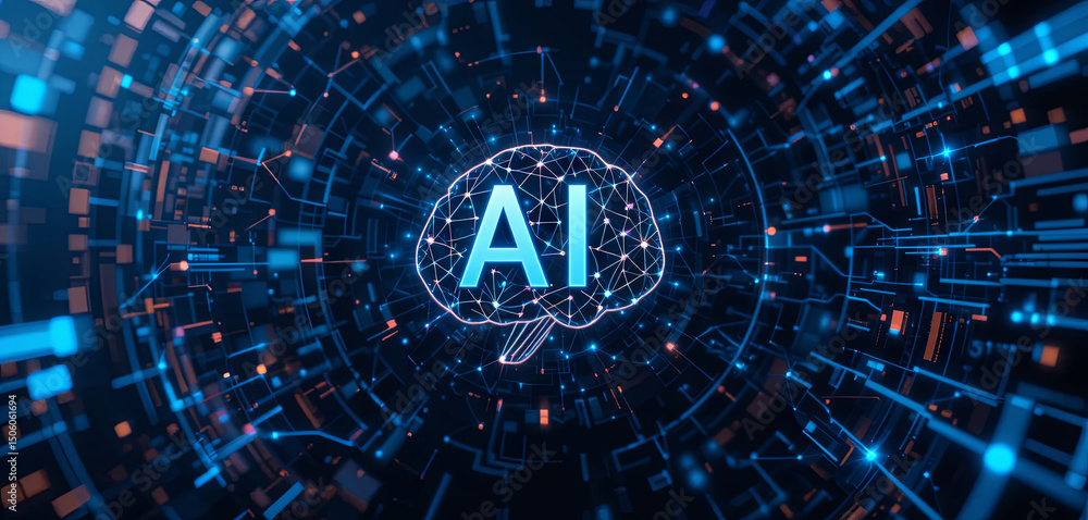 Poster vivid digital artwork showcasing a stylized brain symbolizing artificial intelligence surrounded by 