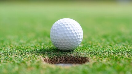Obraz premium A white golf ball sits on the edge of a hole, ready to drop in, on a vibrant green putting green.