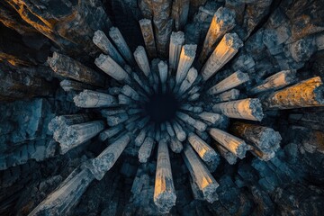 A captivating aerial view into the dark depths, revealing a unique rock formation of basalt columns.