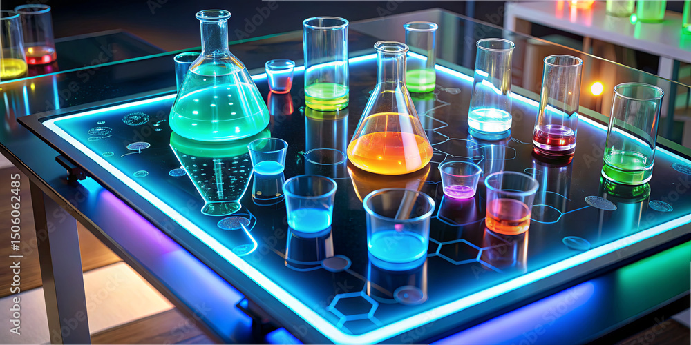 Poster a modern laboratory showcases a table filled with various glass flasks and beakers, each containing 