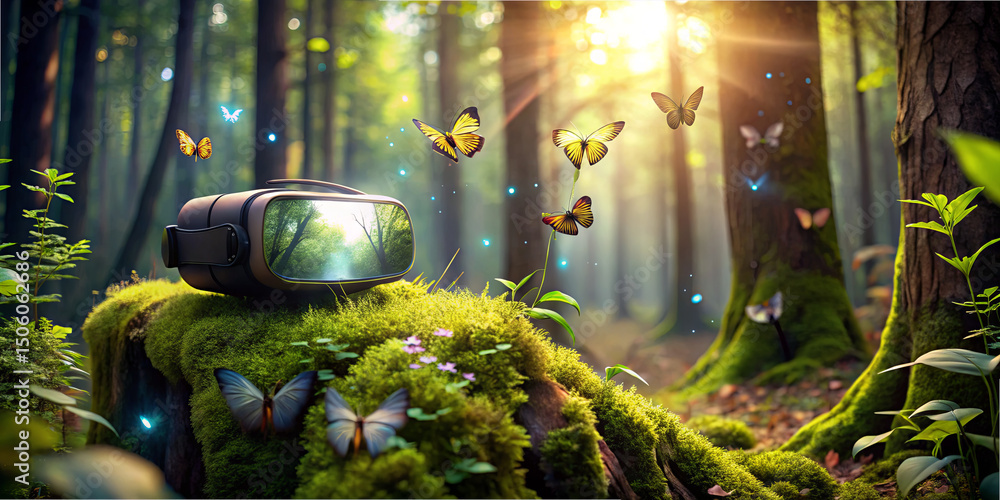 Poster A virtual reality headset rests on a mossy log in a vibrant forest. Butterflies flit around as sunlight streams through the trees, creating a magical atmosphere