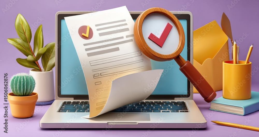 Aufkleber modern office workspace featuring laptop and magnifying task highlighting document verification