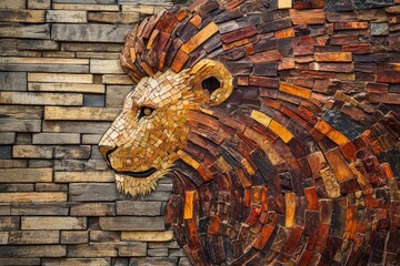 A captivating wall art featuring a lion's head, intricately crafted from wooden blocks with various colors and textures.