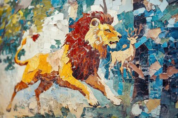 Fototapeta premium A vibrant mosaic artwork depicts a majestic lion chasing a deer amidst a colorful, textured background.