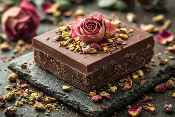 Flat Lay of Rose Chocolate Square with Pistachio Kernels