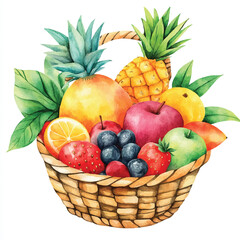 Cute cartoon watercolor A tropical fruit basket