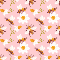 A charming seamless vector pattern featuring bees and daisies, celebrating nature s beauty. This vibrant design combines playful elements and bright colors, perfect for spring themes and cheerful