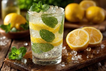 Fototapeta premium Refreshing lemonade with lemon slices, mint leaves, and ice cubes on a rustic table — perfect for summer campaigns, drink menus, wellness blogs, or seasonal advertisements.