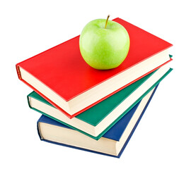 Stack of books and apple isolated on transparent background. PNG format
