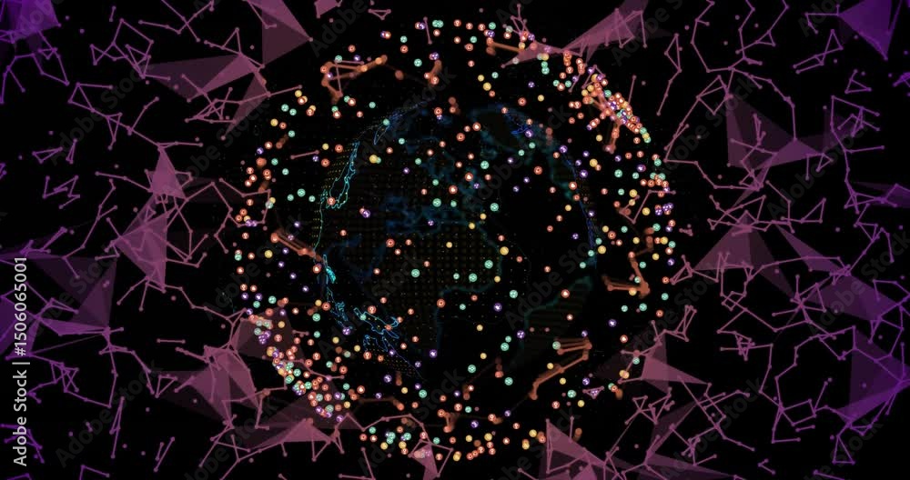 Poster 3d blue grid globe appearing rotating while multicolored orbs and mesh drifting visualizing data