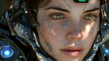 Close-up portrait of a futuristic female character.
