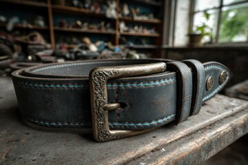 Vintage Leather Belt with Intricate Buckle and Blue Stitching on a Rustic Workbench