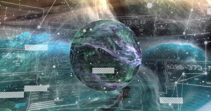 Data bars sliding initiating rotating 3D gaseous planet scanning with network overlay for analytics