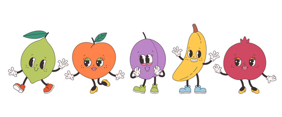 Fototapeta premium Cute groovy fruit characters. Trendy funky retro cartoon fruits. Groovy summer collection. Vector illustration in flat style