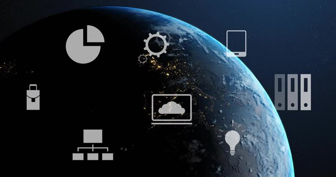 Earth rotating starting flat design icons animating, launching rocket, representing data workflow