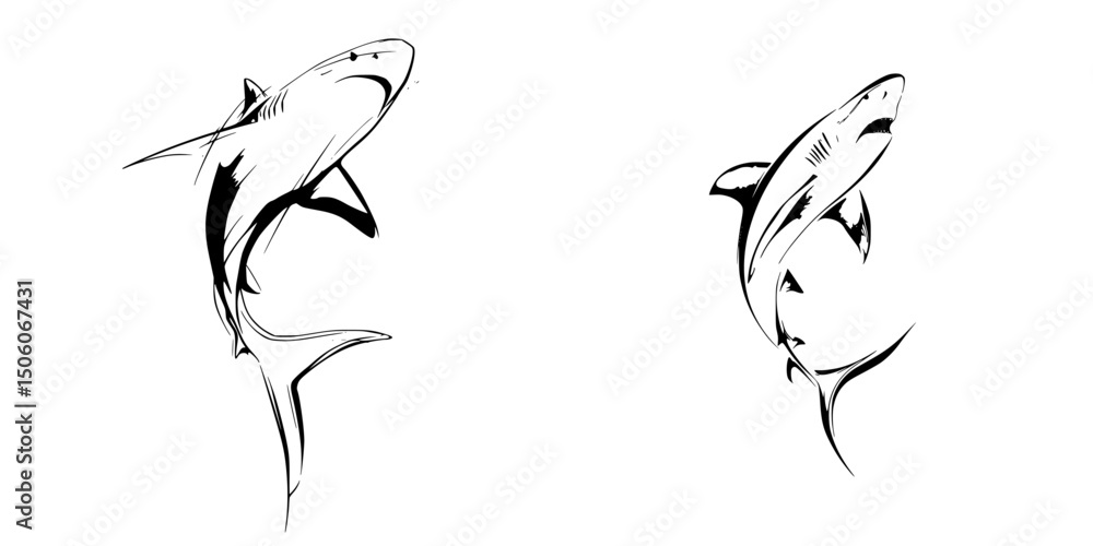 Poster icon set featuring sketches of two sharks in motion, showcasing artistic design and fluid lines for 