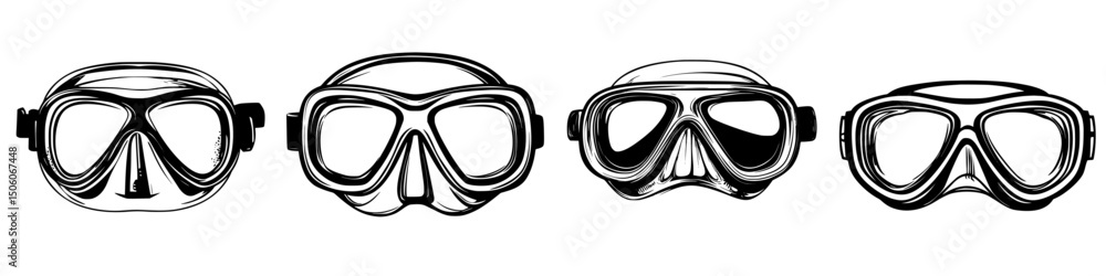 Poster diverse collection of scuba diving masks in various styles and designs displayed side by side