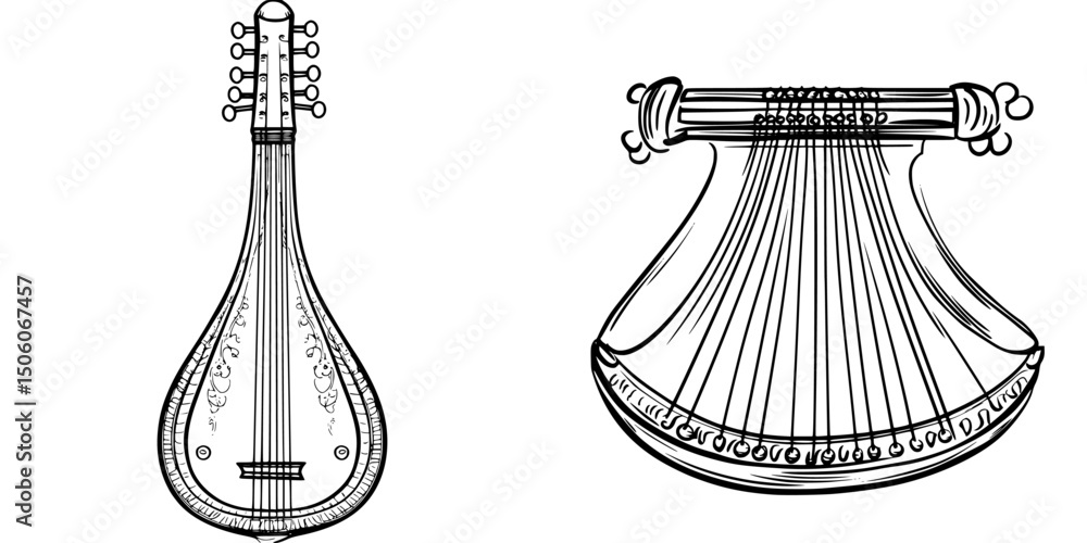 Poster hand-drawn icon set featuring traditional string instruments with detailed designs for creative proj