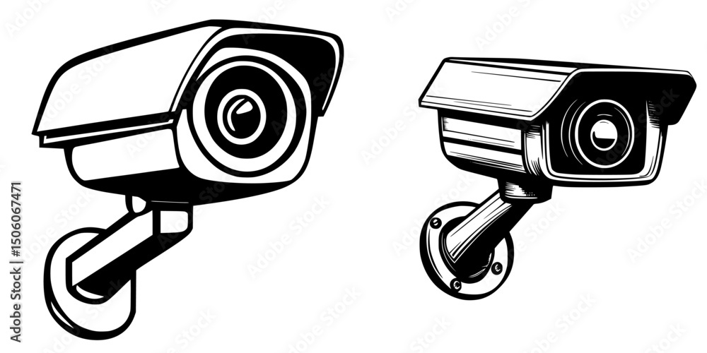 Poster icon set featuring two designs of security cameras for digital applications and graphic projects