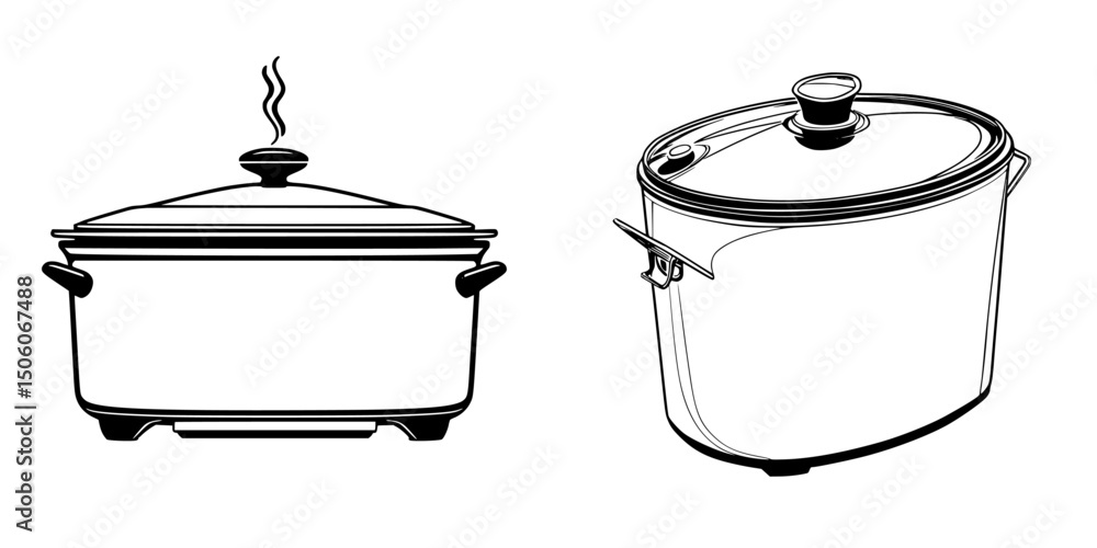 Poster icon set features two different styles of cooking pots for various culinary uses and applications in