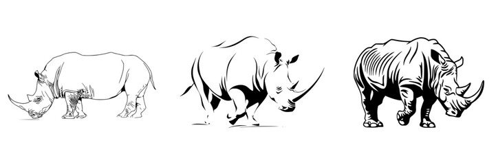 Fototapeta premium Distinctive icon set featuring three stylized representations of rhinos in different poses