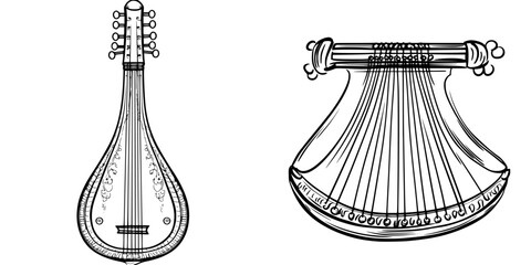 Fototapeta premium Hand-drawn icon set featuring traditional string instruments with detailed designs for creative projects and illustrations