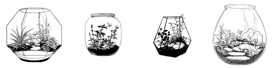 Obraz premium Illustrated icon set featuring various styles of terrariums with plants and stones